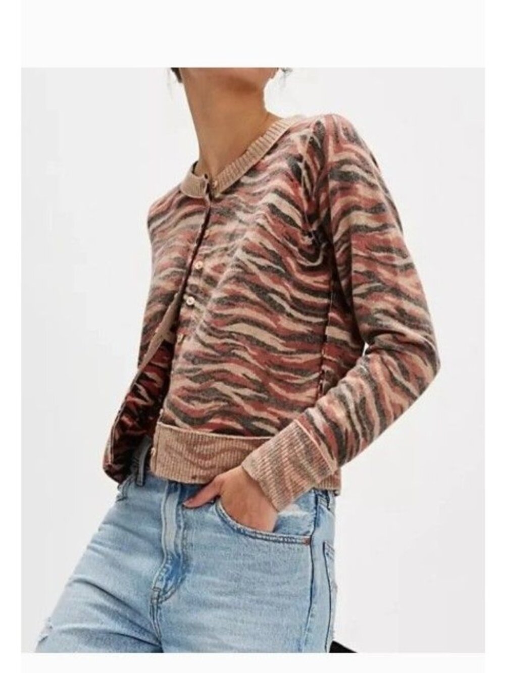 Free People Nocturnal Patterned Cardigan Cashmere Wool Tiger Print Medium NEW!